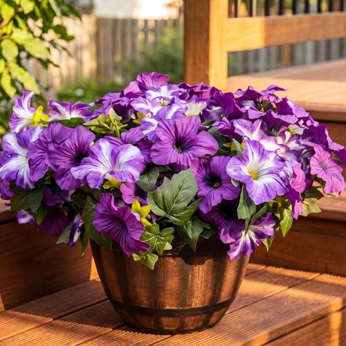Vemander Artificial Fake Flowers Plants for Outdoor Decoration, 4PCS Faux Petunias Silk Flower UV Resistant No Fade for Home Outside Garden Balcony Yard Porch Realistic Indoor Decor (Purple) - Image 1