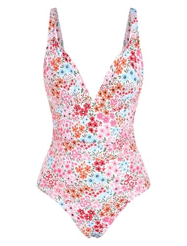 ZAFUL Womens Sexy V Neck One Piece Swimsuit Ruched Tummy Control Bathing Suit Backless Slimming Monokini (Pink Floral, X-Large) - Thumbnail 6