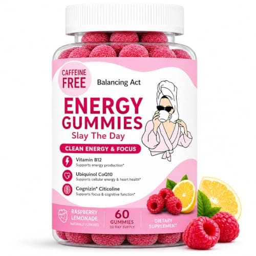 Balancing Act – Slay The Day Energy Gummies – Caffeine Free Focus & Clean Energy Support – with Vitamin B12, CoQ10 & Cognizin® Citicoline – Raspberry Lemonade – 60 Count (30 Day Supply) - Image 1