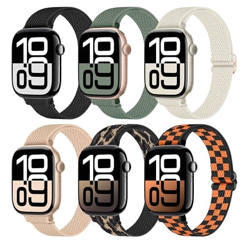 6 Pack Slim Stretchy Bands Compatible with Apple Watch Band 40mm 41mm 42mm 38mm 44mm 45mm 46mm 49mm Women Men, Soft Fashion Nylon Braided Elastic Strap for iWatch Series 11 10 SE 9 8 7 6 5 4 3 2 1 Ultra 2 (6color-02, 38MM/40MM/41MM/42MM(Series 11 10)) - Image 1