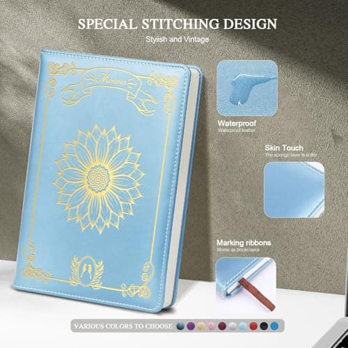 QDWXDEL Journal for Women,A5 Hardcover Leather Journal - 200 Pages Premium Paper Notebook,Sunflower Journal Notebook for School, Work (Sunflower Sky Blue) - Thumbnail 3