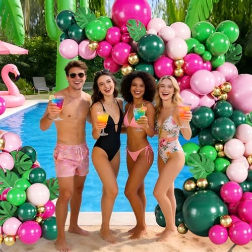 Tropical Flamingo Balloon Arch Kit 149Pcs Pink and Green Balloons Include Hot Pink Macaron Pink Green Gold Balloons with Palm Leaves for Hawaiian Luau Aloha Summer Beach Birthday Party Decorations - Thumbnail 3