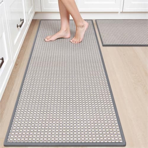HEBE Kitchen Rugs Sets of 2 Non Slip Washable,20"x59"+20"x32" Cushioned Rubber Kitchen Mats for Floor,Stain Resistant Kitchen Carpet Runner Rug for Hallways, Front of Sink, Laundry