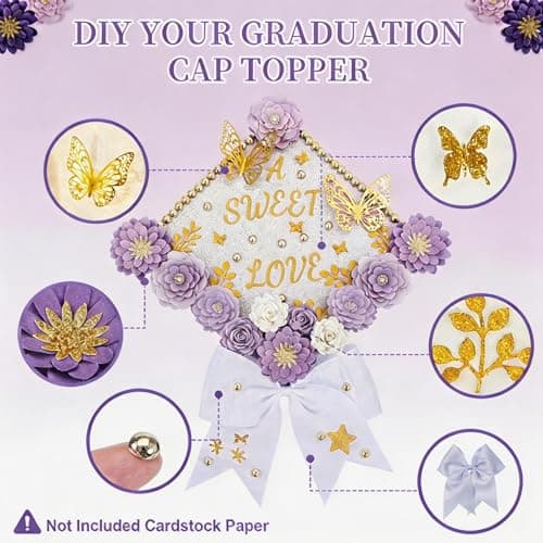 Mverse Graduation Cap Decorations 2026 - Purple Paper Flowers & Gold Butterfly for Grad Cap Topper - DIY Flower Stickers, Glitter Letters & Pearls for Crafts & Shadow Box - Thumbnail 6