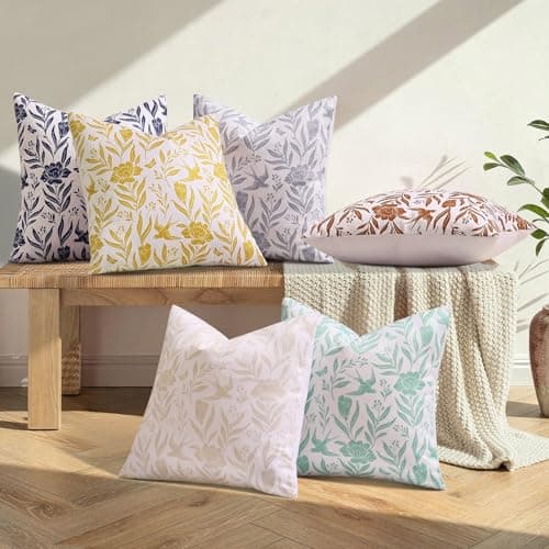 decorUhome Floral Throw Pillow Covers 18x18 Inch Set of 2, Aqua Vintage Block Print Linen Spring Pillow Covers, Rustic Neutral Toile Farmhouse Decorative Square Pillowcases for Couch Sofa - Thumbnail 2