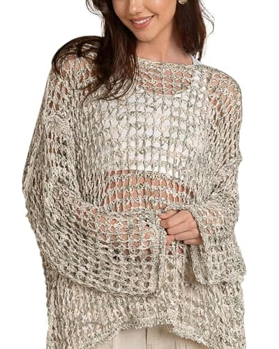 Bsubseach Sexy Beach Cover Ups for Women Hollow Out Crochet Bathing Swimsuit Coverup Sheer Beach Tops Vacation Clothes Light Brown M - Image 1