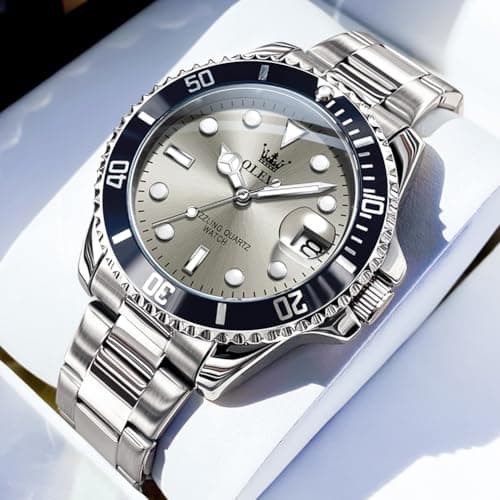 OLEVS Silver Luxury Men's Wrist Watches Analog with Day Date Grey Large Face Original Waterproof Stainless Steel Watches for Men Dress Quartz Watch - Thumbnail 3
