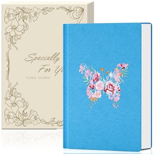 MINICAGIE Embroidered Fabric Journal for Women A5 Hardcover College Ruled Notebook with Gift Box Butterfly Floral Journaling Notebooks for Writing, 5.7 x 8.3 In, Blue - Image 1