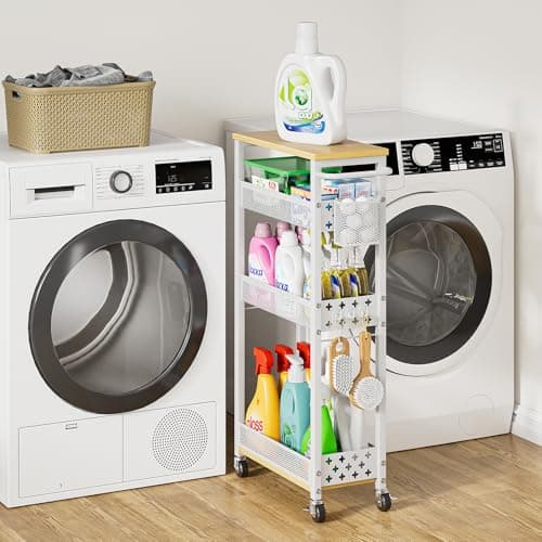 MJIMKE Utility Slim Rolling Storage Cart with Wheels, 4 Tier Narrow Metal Kitchen Cart Bathroom Laundry Room Organization Trolley with Wood Rack and Removable Mesh Basket for Small Space, 7.1IN White - Image 1
