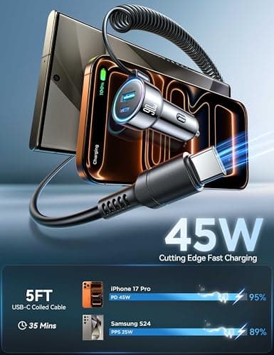 USB C 90W Car Charger for iPhone 17/16 Pro Max, PD & QC3.0 w/5 ft 45W Type Coiled Cable, Fast Car Phone Charger Adapter for iPhone 17Air/15 Pro, Samsung Galaxy S26/S25/S24, Pixel 10/LG/Android, iPad - Thumbnail 4