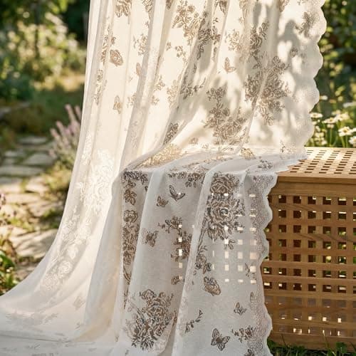 NICETOWN Outdoor Lace Sheer Curtains for Patio Waterproof, Rose & Butterfly Embroidered Curtains for Garden Privacy, Wavy Edge Rod Pocket Chic Gazebo Decoration 2 Panels, Ivory White, W54 x L96 in - Image 1