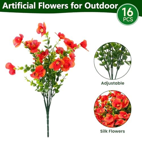 Vemander Artificial Flowers for Outdoor, UV Resistant Fake Silk Pansies Flowers, Realistic Faux Plants for Outside Indoor Porch Patio Window Box Planter Home Decor (16, Red) - Thumbnail 3