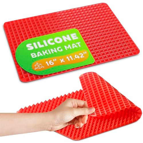 Non Stick Baking Cooking Mat - 16x11.5" Silicone Baking Mat, Fat Filtering Red Pyramid Design, for Roasting, BBQ & Pastry Making - Oven and Microwave Bacon Cooker Food Grade, Flexible & Easy-to-Clean - Image 1