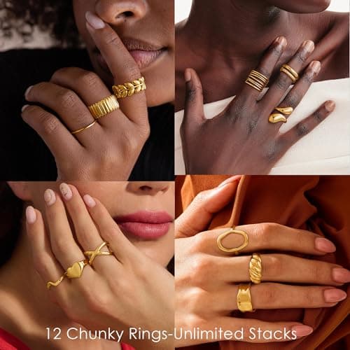 Yoosteel Chunky Gold Rings for Women - Hypoallergenic Dainty 14K Gold Plated Thick Stackable Open Finger Rings Set for Women Trendy Jewelry Gifts 12 PCS - Thumbnail 4