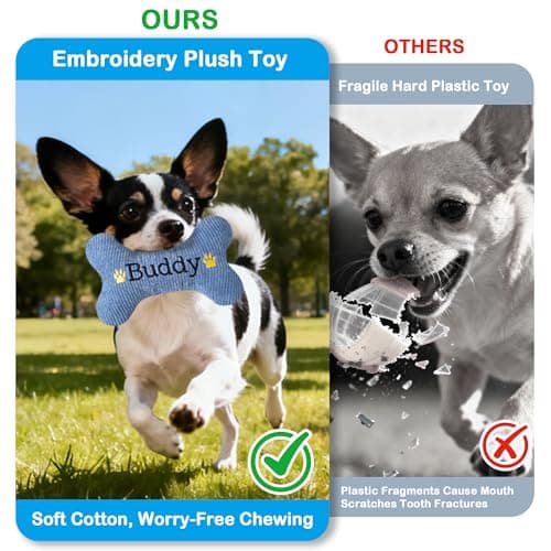 2026 Squeaky Dog Toys, Embroidered Bone Shape Blue Corduroy Pet Pillow 8"x5" with Black "Buddy" Text Cute Soft Cotton Filled Dog Chew Puzzle Toy Birthday Holiday Fun Gifts for Small Medium Large Dogs - Thumbnail 4