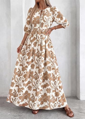 KIRUNDO Summer Dresses for Women 2026 Spring Wedding Guest Boho Floral 3/4 Sleeve Beach Vacation Cruise Flowy Maxi Dress(Khaki, Small) - Thumbnail 3