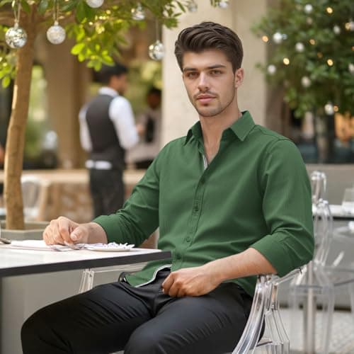 Men’s Casual Untucked Button Down Shirt Long Sleeve Stylish Business Casual Dress Shirts Green - Thumbnail 4
