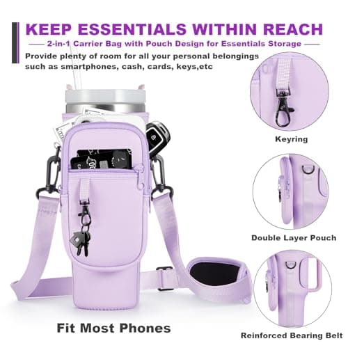 BULKITEM Water Bottle Carrier Bag with Phone Pocket for Purple Stanley 40 oz Tumbler with Handle, Purple Insulated Neoprene Cup Holder Pouch Strap for Stanley Cup Accessories - Thumbnail 3