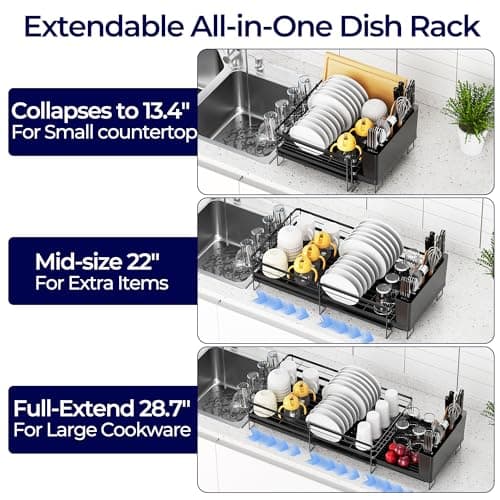 Pantasia Large Dish Drying Rack, Expandable Dish Rack for Kitchen Counter, Dish Drainer with Drainboard Set, Multifunctional Dishrack with Utensil & Cup Holder, 13.4"-28.7" L x 11.8" W x 7.8" H, Black - Thumbnail 2