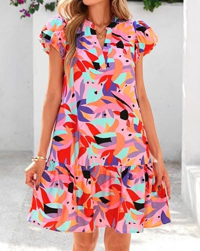 dowerme Womens Summer Dresses 2026 Puffy Sleeve V Neck Loose Floral Print A Line Boho Mini Babydoll Dress with Pockets(Red,XX-Large) - Thumbnail 2