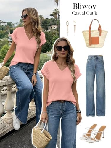 Bliwov Womens Summer Tops V Neck Lace Short Sleeve T Shirts Dressy Casual Business Outfits 2026 Spring Fashion Tee Clothes Light Pink - Thumbnail 4