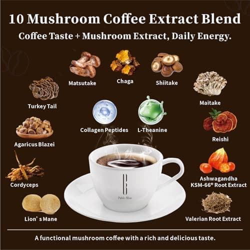 Pablo Blue Instant Mushroom Coffee & Collagen Coffee with 10 Organic Mushrooms – Lion’s Mane, Chaga, Reishi, L-Theanine in Mushroom Instant Coffee for Focus, Skin, Gut Health & Immunity, 30 Serv. - Thumbnail 4