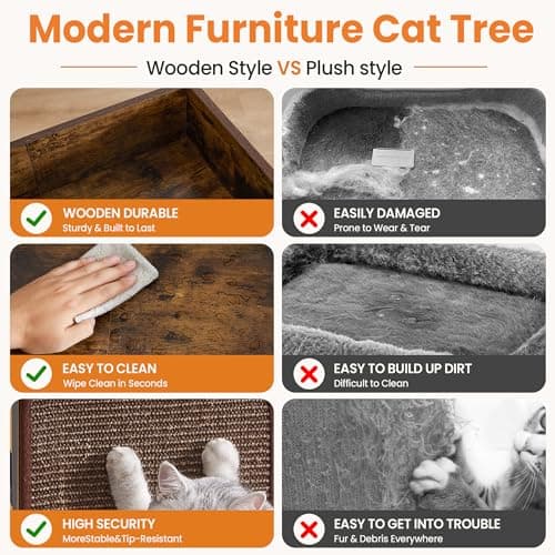 Feliskyn Wood Modern Cat Tree Tower for Indoor Large Cats, 48-Inch Tall Wooden Cat Trees with Big Perch Bed, Multi-Level Condo with Scratching Board Posts, Removable Pads, Cat Furniture, Rustic Brown - Thumbnail 6