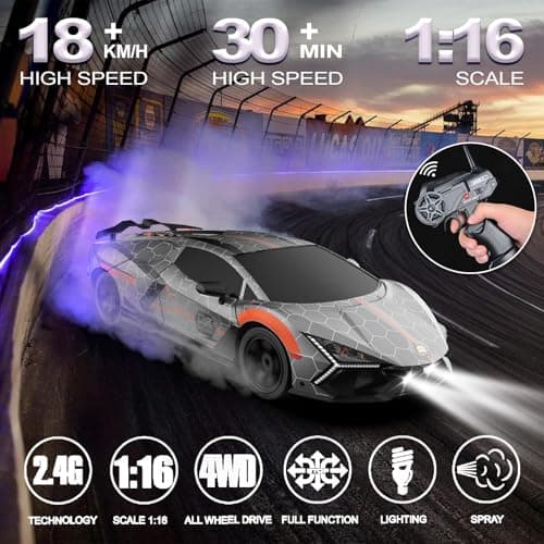 Remote Control Car RC Drift Car 1:16 Scale 4WD 18KM/H High Speed Model Vehicle 2.4GHz with LED Lights Spray Rubber Tire Racing Sport Toy for Adults Boys Girls Kids Gift 2Pcs Rechargeable Batteries - Thumbnail 2
