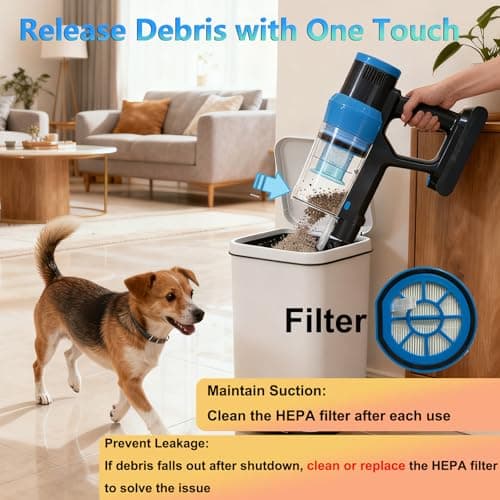 Cordless Stick Vacuum Cleaner: 45kPa Powerful Suction & 60Min Runtime, Self-Standing with Green Light & Anti-Tangle Brush, Rechargeable Lightweight Vacuum for Home Pet Hair on Carpets and Hard Floors - Thumbnail 4