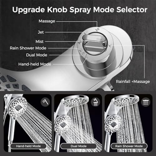 Newfinde High Pressure Rain Shower Head with Handheld Spray Combo: Detachable Dual Shower Head with 10 Sprays Modes - Upgrade Knob Spray Mode Selector and Magnetic Guidance Docking System - Thumbnail 4