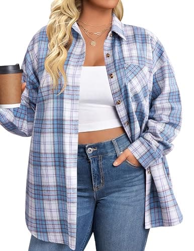 IN'VOLAND Women's Plus Button Down Flannel Shirts Long Sleeve Blouse Top - Image 1