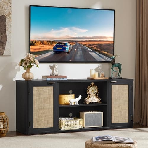 LEYAOYAO Rattan TV Stands for Living Room, Boho Entertainment Center with Storage and Open Shelf, Wood Media Console for 50-65 Inch TV, Black - Image 1