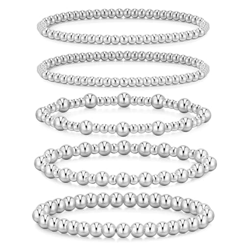 adoyi Silver Bracelets for Women, 14K Gold Plated Beaded Strand Bead Ball Bracelets stack Set Adjustable Set Trendy Non Tarnish Jewelry Sets for Gifts - Image 1