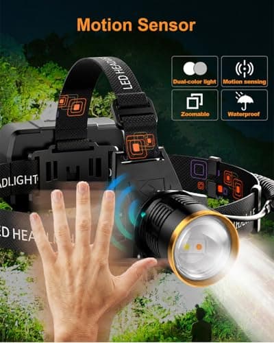 SKYFIRE Rechargeable Headlamp Motion Sensor, LED Super Bright Head lamp with 7500mAh Battery, Zoomable Adjustable Head Light for Cycling Camping Hiking - Dual Light Sources Yellow & White Light - Thumbnail 2