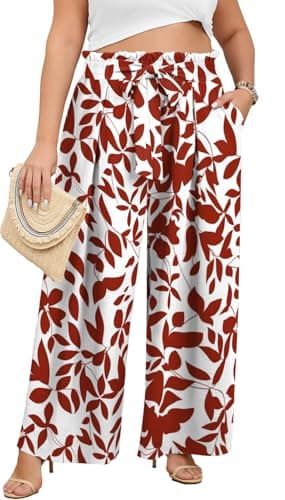 Lastshe Women's Plus Size Pants Wide Leg Work Casual Palazzo Flowy Elastic High Waisted Tie Knot Printed Trousers with Pockets, White Brown Leaves, 3X - Image 1