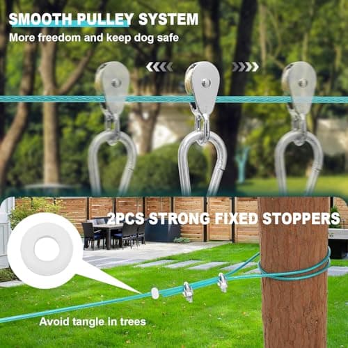 Libbipaw Dog Runner for Yard - 100ft Aerial Dog Run Cable System with Shock Absorbing Bungee Tether, Chew Proof Steel Cable & Tangle Free Pulley for Large Dogs, Backyard Zip Line for Dogs - Thumbnail 6