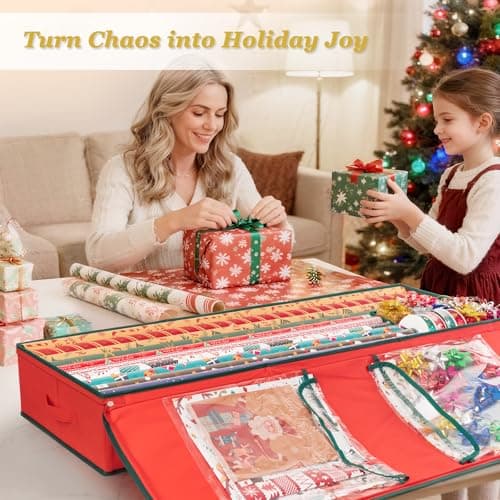 Criusia Gift Wrapping Paper Organizer Storage, Durable Underbed Storage Container Fits 24 Rolls, with Removable Dividers and Pockets for Ribbon, Ornaments, Holiday Accessories, Red - Thumbnail 3