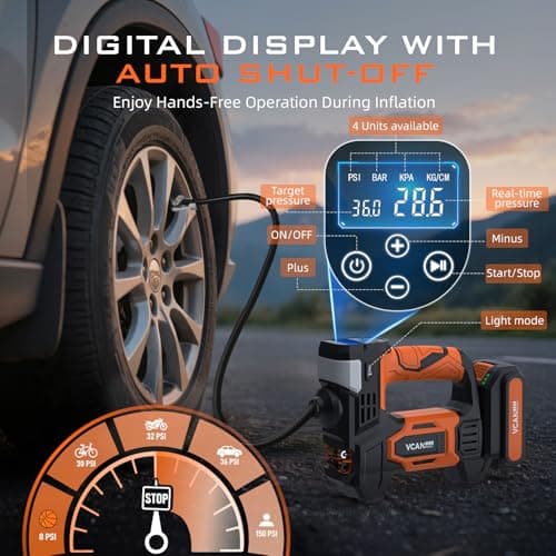 Tire Inflator Portable Air Compressor, 150PSI & 20 V Rechargeable Battery Powered Handheld Air Pump, cordless tire inflator 5X Faster Portable Tire Inflator for Car, Truck, Motorcycle, Bike, Balls - Thumbnail 4