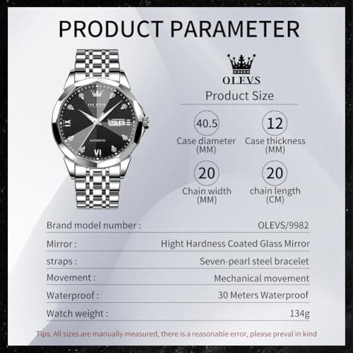 OLEVS Watch Men Black Silver Automatic Stainless Steel Classic Luxury Dress Men Watch Self Winding Date Large Face Waterproof Mens Watches - Thumbnail 5