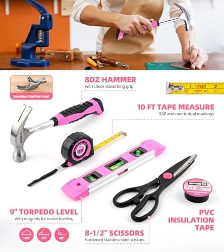 URASISTO Pink Household Tool Set with 3.6V USB Electric Screwdriver, 136 PCS Home Tool Kit with Cordless Lithium-ion Drill Driver, Hand Tool Kits for Women - Thumbnail 4