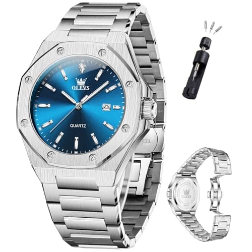 OLEVS Watch Men Luxury Silver Stainless Steel Dress Blue Face Waterproof Quartz Analog Watches for Men Large Octagonal Dial Luminous Minimalis Mens Watch Relojes para Hombres - Image 1