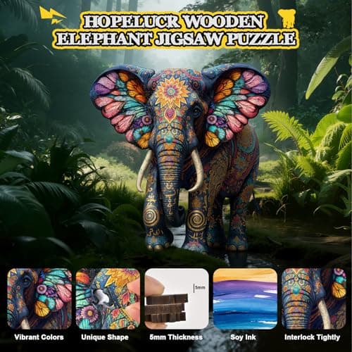 Wooden Puzzles for Adults, Elephant Wooden Jigsaw Puzzle 200 Piece, Unique Animal Shaped Wooden Puzzle for Adults and Kids, Fun Challenging Floral Elephant Puzzles for Family Game Wall Decor 11*10.4in - Thumbnail 2