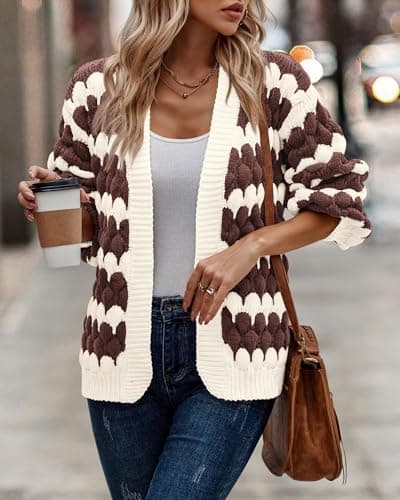 KIRUNDO Women's Cardigan Sweater 2026 Fall Winter Open Front Long Sleeve Cable Knit Color Block Striped Cardigan Casual Oversized Sweater Jacket Outwear(Coffee, Small) - Thumbnail 6