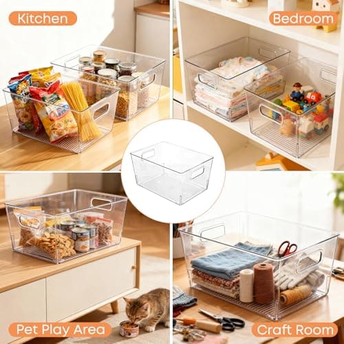MOONEDGE 8 Pack Clear Plastic Storage Bins, 12 x 8 x 6in Stackable Pantry Organizer Cabinet Containers for Under-Sink Storage, Kitchen, Fridge, Bathroom and Home Organization - Thumbnail 2