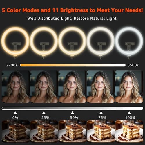 FZYGRAVH 10" LED Ring Light with Overhead Phone Stand, CRI≥95 1200lm Dimmable Lighting, Adjustable Metal Arm with Remote & Phone Holder, for Streaming, Makeup, Zoom Calls, Photography - Thumbnail 2