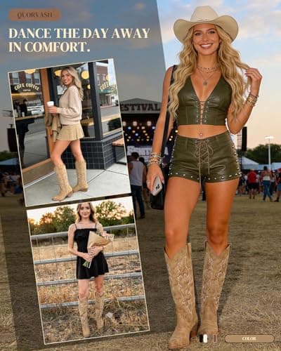 Quorvash Cowboy Boots for Women - Knee High Wide Calf Cowgirl Boots with Chunky Heel Snip Toe Side Zipper Embossed Design for Festival Prom Party Casual Outfits Camel Size 8 - Thumbnail 2