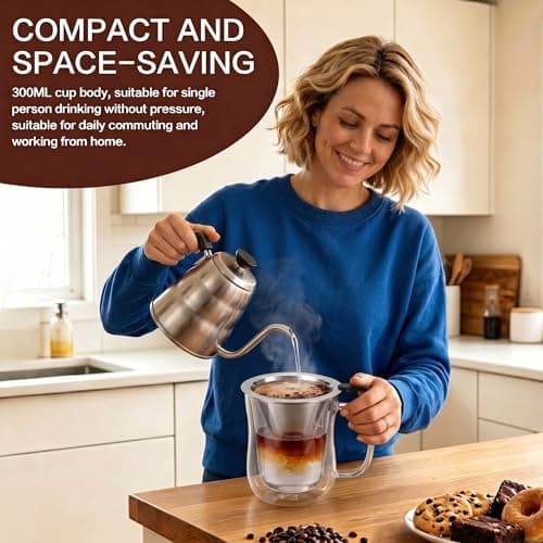 NANSPATH Single Serve Immersion Coffee Maker, Borosilicate Glass Pour Over Coffee Cup with Reusable Stainless Steel Filter, Pour Over Coffee Makers, for Home Office Travel (320, Milliliters) - Thumbnail 5