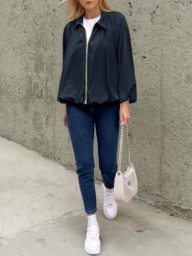 Tankaneo Womens Bomber Jackets Oversized Batwing Sleeve Zip Up Puffed Jacket Lapel Collar Pleated Outerwear - Thumbnail 6