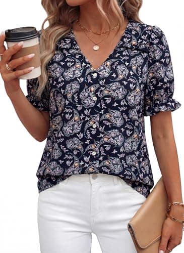 PRETTYGARDEN Womens Boho Tops Summer 2026 V Neck Puff Sleeve Casual Button Down Ruffle Floral Blouses Shirts Work Clothes (Floral Navy,XXL) - Image 1