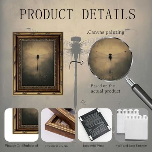 Gold Framed Wall Art, Vintage Dragonfly Canvas Prints - Gothic Dark Moody Insect Pictures, Rustic Retro Nature Cottagecore Animal Decor Gallery Artwork for Living Room, Bedroom 12x16 inch - Thumbnail 2